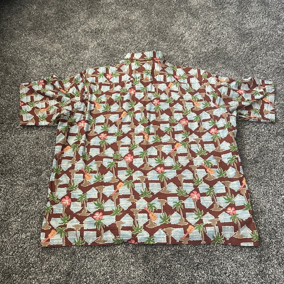 Vtg Reyn Spooner Hawaiian Shirt Mens Large Brown Palm Tree Hut Guitar Hibiscus - Picture 12 of 14